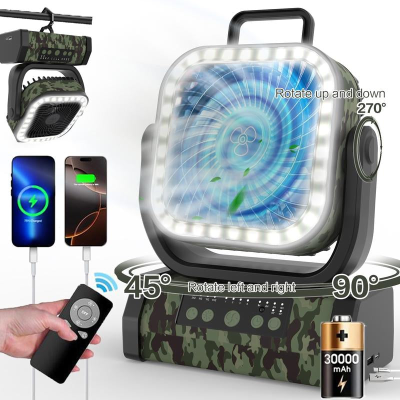 Portable 30000Mah Rechargeable Camping Fan with LED Light, Remote Control, 4 Wind Speeds, Ideal for Camping, Fishing, Traveling & Outdoor Adventure,Outdoorfun Multifunction
