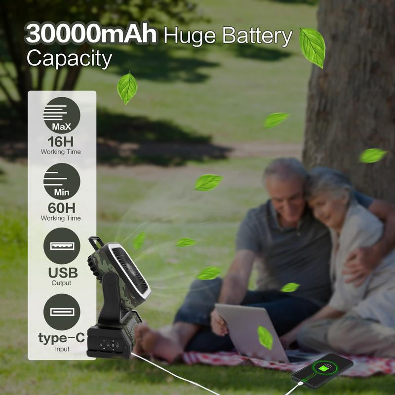 Portable 30000Mah Rechargeable Camping Fan with LED Light, Remote Control, 4 Wind Speeds, Ideal for Camping, Fishing, Traveling & Outdoor Adventure，Outdoorfun Multifunction