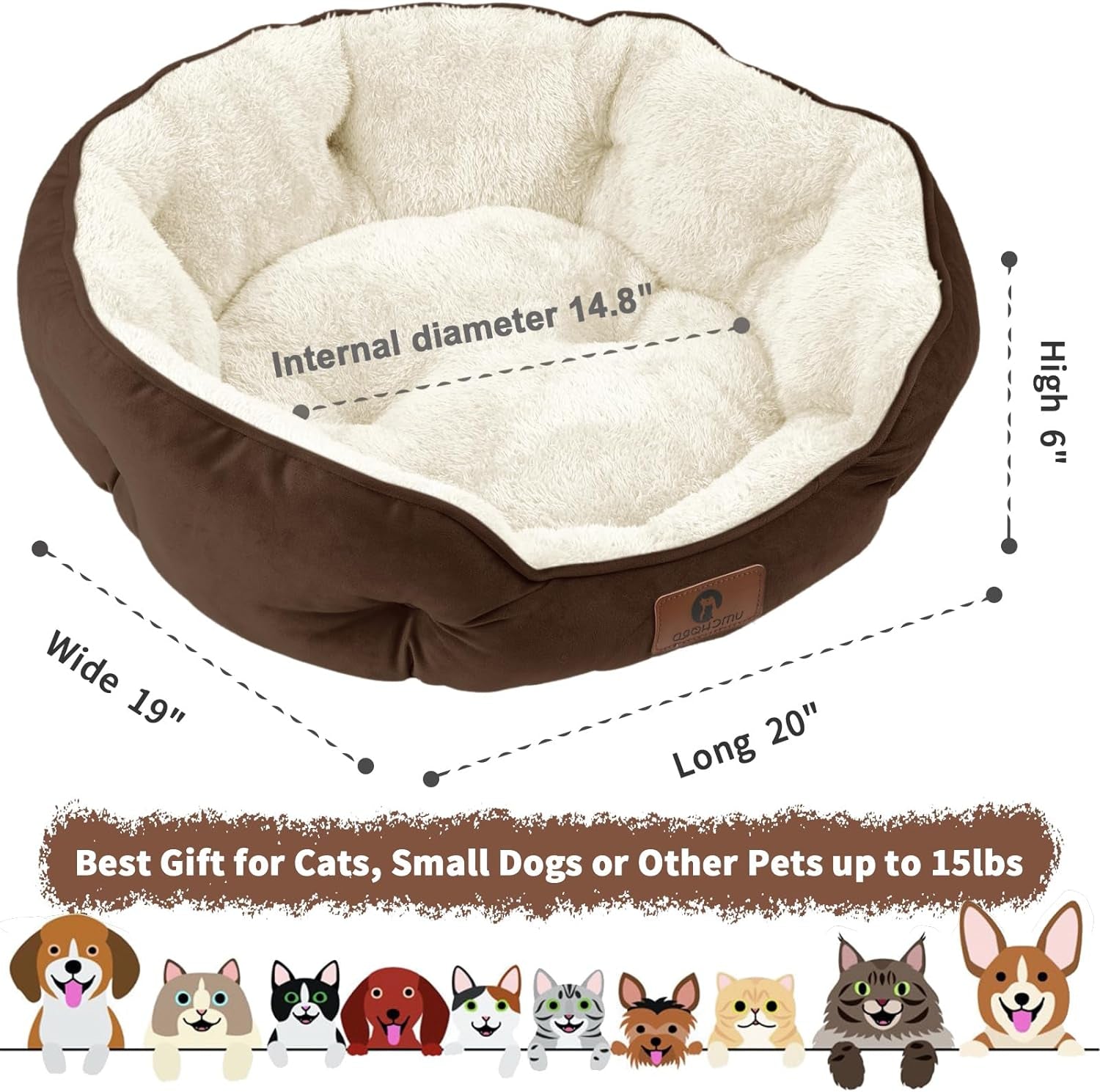 Premium Small Dog and Cat Bed (20 inches) - Extra Soft, Machine Washable, Oxford Bottom, Brown