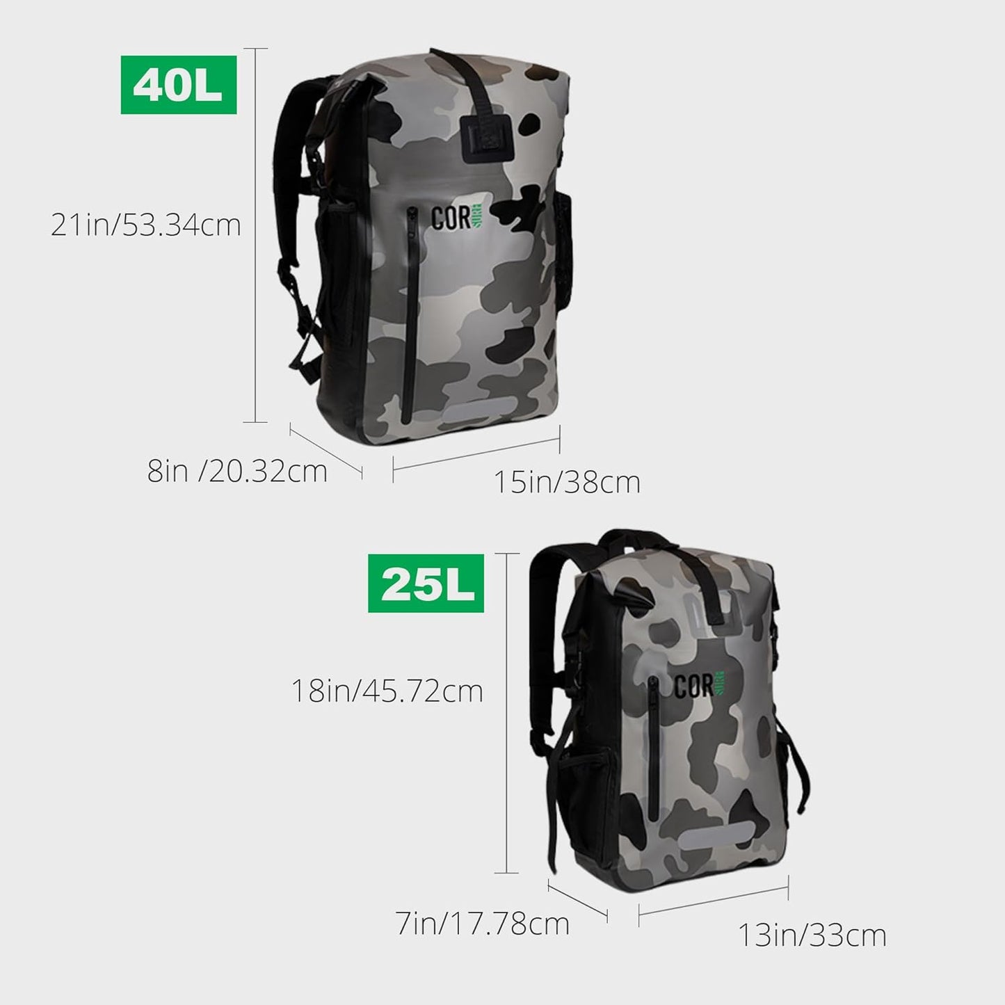 Waterproof Dry Bag Backpack with Padded Laptop Sleeve 25L & 40L Heavy Duty, Roll-Top Pack (Camo, 25L)